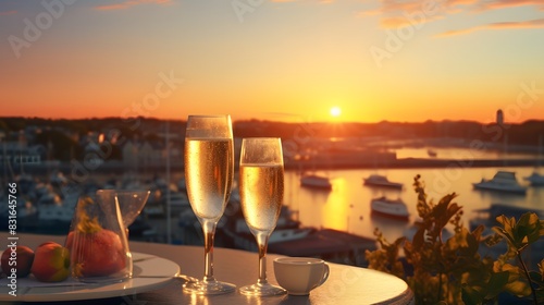 A glass of sparkling champagne with a slice of strawberry  set on a fancy table with a captivating sunset over a coastal town. The image looks like it was taken by an HD camera  very lifelike.
