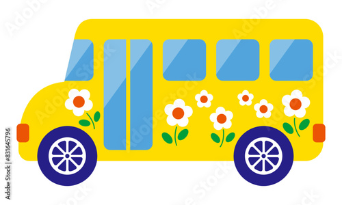 vector illustration of a cute school bus with flowers on white for banners, cards, flyers, social media wallpapers, etc.