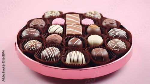 A gourmet box of assorted chocolates on a pastel pink background, captured in HD