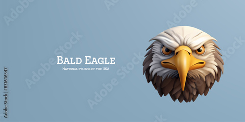 Bald eagle, 3D. Realistic image of a bald eagle head on a blue background. The symbol of America. Wild bird of prey. Vector