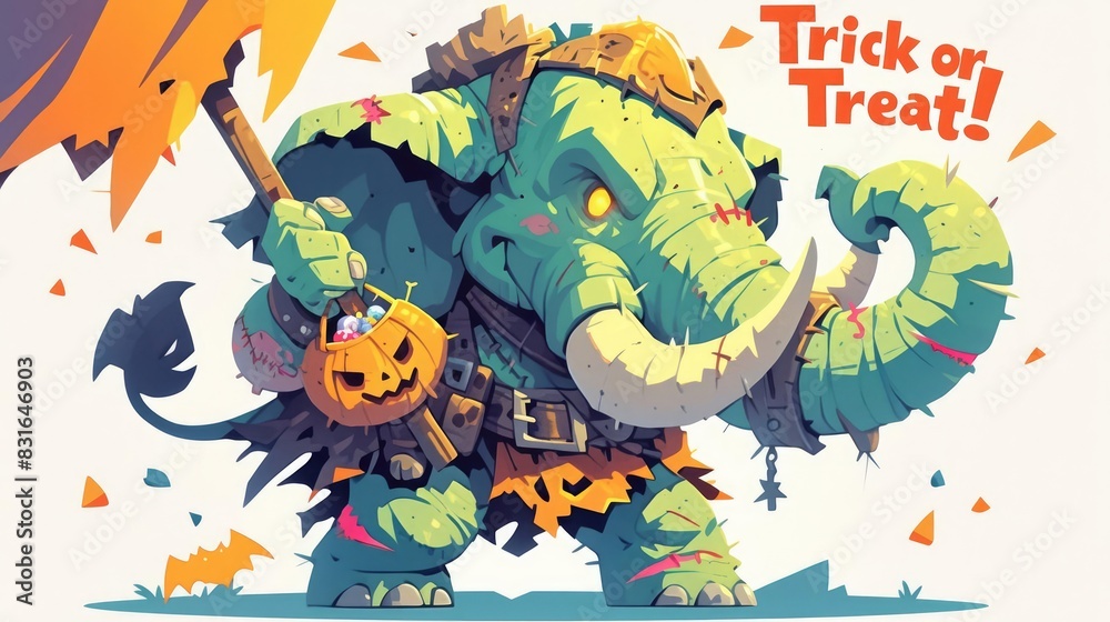 Naklejka premium Playful Zombie Elephant with Trick or Treat Bag, Brain-Themed Candy, Halloween Fun, Suitable for Halloween Cards and Decorations
