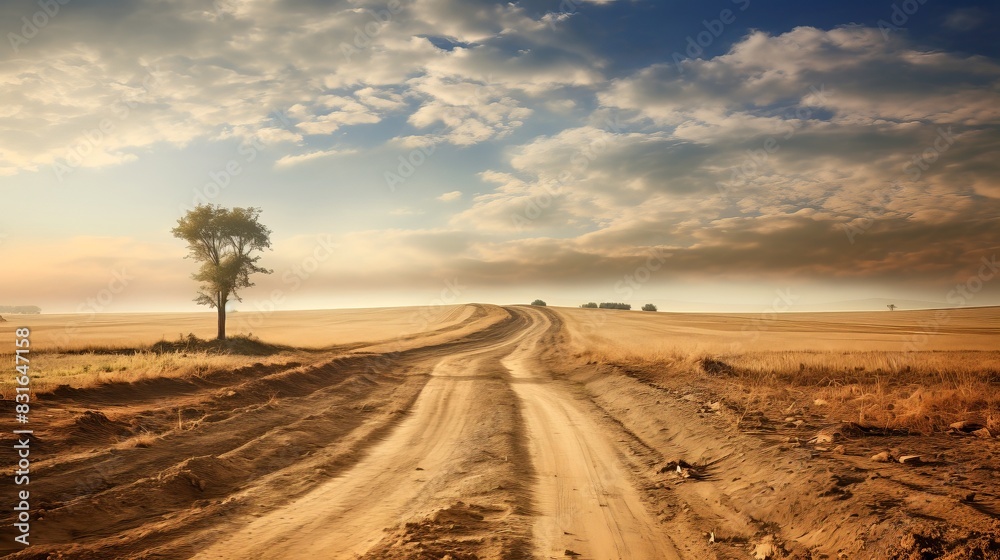 A dirt road stretches into the horizon amidst golden fields, with a single tree and a dramatic sky overhead creating a serene countryside scene.