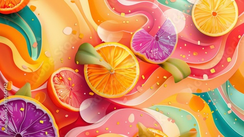 Abstract colorful illustration of citrus fruits with vibrant swirls. Ideal for natural sweeteners and healthy sugar substitutes concepts. photo
