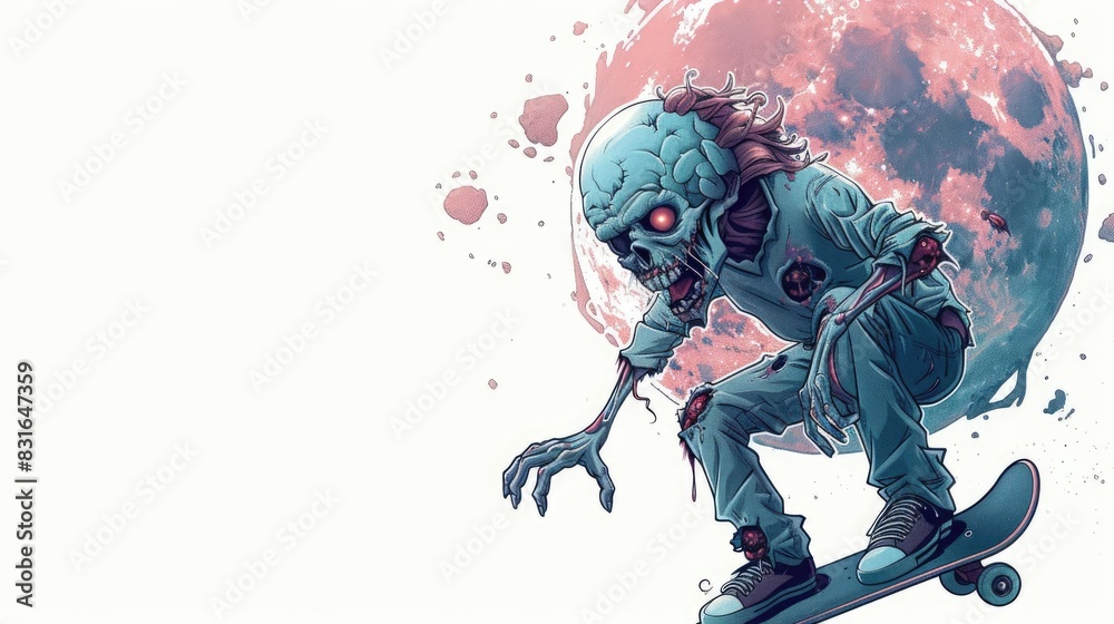 Zombie on Skateboard Under Blood Moon Background for Text, Zombie Character Skating with Red Eyes and Torn Clothes