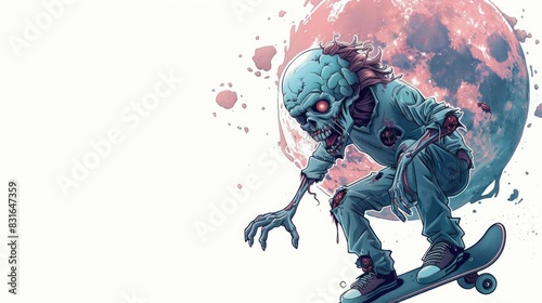 Zombie on Skateboard Under Blood Moon Background for Text  Zombie Character Skating with Red Eyes and Torn Clothes