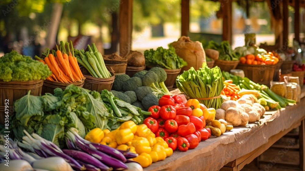 A vibrant display of fresh vegetables at a farmer's market, featuring colorful produce like carrots, bell peppers, and greens in a sunny outdoor setting.