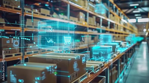 Smart warehouse management system using augmented reality technology to identify package picking and delivery . Future concept of supply chain and logistic business  photo