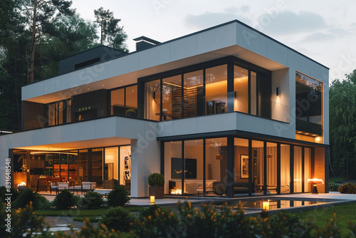 A stylish modern house exterior with large windows, clean architectural lines, and refined exterior lighting, exuding elegance against a solid white background.