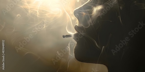 Face disappears in the mist, barely visible with a cigarette dangling from its lips. Concept Mysterious Fog, Cigarette Smoke, Hidden Faces photo