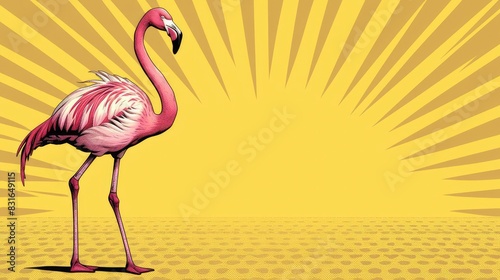 Elegant Pink Flamingo on Vibrant Sunburst Background  Tropical Bird with Graceful Pose  Ideal for Summer Themes and Space for Text