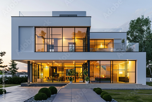 The front faÃ§ade of a modern house featuring minimalist design, large glass windows, and stylish exterior lighting, exuding contemporary elegance against a solid white background. photo