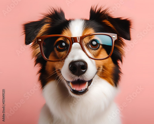 Cheerful Dog with Glasses Smiling on Pink Background