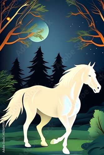  banner of mystery with glowing horse ghost in dark forest at night 