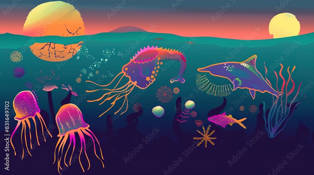 Bioluminescent sea creatures flat design side view, sunset, water color, triadic color scheme Bioluminescent sea creatures flat design side view, sunset, water color, triadic color scheme