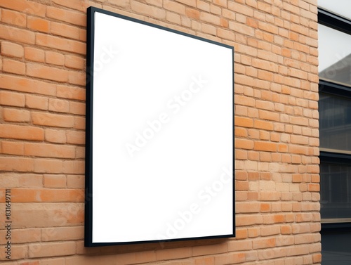 Blank white billboard on orange brick wall  perfect for advertising mock-ups  announcements  and promotional displays  urban setting.