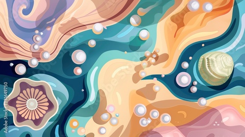 Giant clams and pearls flat design top view, sunset, water color, tetradic color scheme  photo