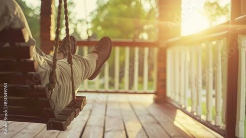 Relaxing on porch swing at sunset, legs up, serene atmosphere photo