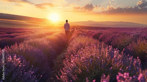 Person walking through lavender field at sunset  enjoying nature and peace