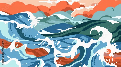 Violent sea currents flat design front view, stormy seas, cartoon drawing, split-complementary color scheme