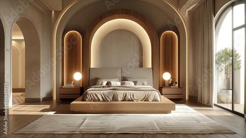 Modern style minimalist Bedroom interior design idea forest outside. Hotel bedroom interior material brainstorming.