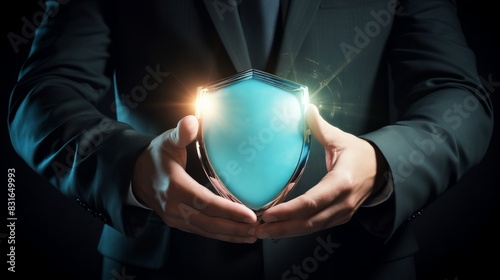 Businessman's hands holding a glowing shield, symbolizing protection, security, and safety in a dark background.