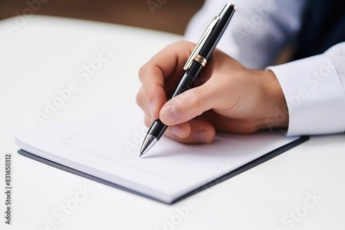 Close-up of a hand in a formal shirt writing with pen on a paper, focusing on precise writing in professional setting.