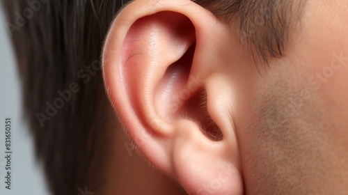 Close-up of a human ear showcasing the details of the outer ear structure. Ideal for medical and educational content. photo