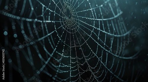 Detailed Spider Web with Dewdrops in Dark Ambiance. This macro shot captures a spider web adorned with dewdrops, highlighted by the dark and mysterious ambiance that surrounds it.