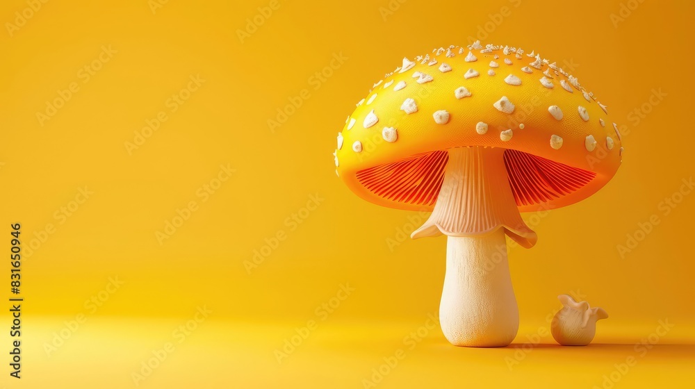 3D Fungus Rendition, Delightful Pose, Exuding Charm, Yellow Background, For Educational Materials 3D Fungus Rendition, Delightful Pose, Exuding Charm, Yellow Background, For Educational Materials