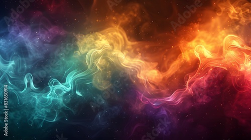 A lively abstract background featuring a colorful burst of shapes and smoke in shades of green  yellow  and purple  captured with a high-definition realistic look
