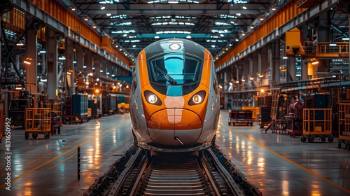 High-Speed Train in Modern Maintenance Facility. High-speed train inside a modern maintenance facility, showcasing advanced railway technology and infrastructure in a brightly lit environment.