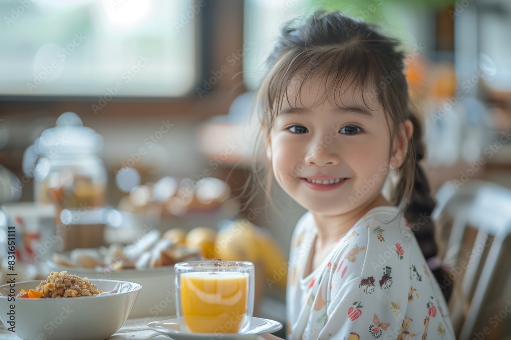 Smiling Girl in Pajamas Enjoying Breakfast. Young Eastern Asian girl in pajamas smiling brightly while having breakfast, with a bowl of cereal and orange juice. Smiling Girl in Pajamas Enjoying Breakfast. Young Eastern Asian girl in pajamas smiling brightly while having breakfast, with a bowl of cereal and orange juice.