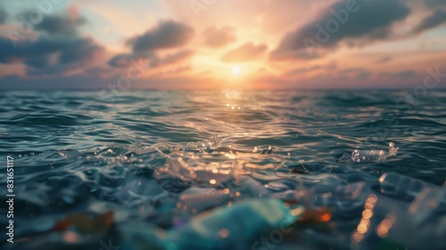 A tranquil ocean setting with plastic debris floating in the foreground representing the need for sustainable solutions in the shipping and supply chain industries which blockchain