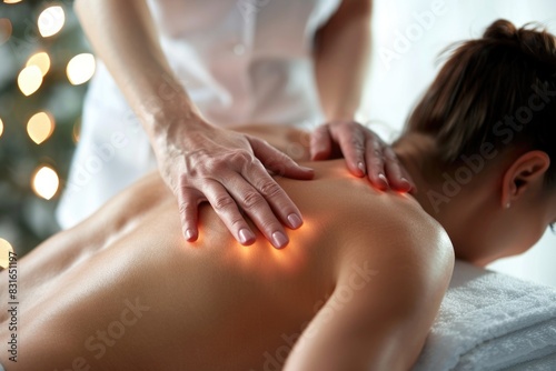 Wallpaper Mural Relaxation therapy - therapeutic professional massage for body care, featuring a beautiful woman receiving an exquisite back massage from skilled hands at the spa, promoting wellness and tranquility. Torontodigital.ca