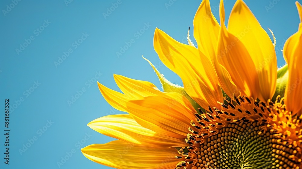 Fototapeta premium Close-up of a vibrant sunflower under a clear blue sky, showcasing its bright yellow petals and intricate details in natural sunlight.
