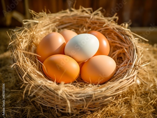 Close-up of chicken eggs in a straw nest, illuminated by natural light. Bright white egg stands out among brown eggs. Farm freshness.