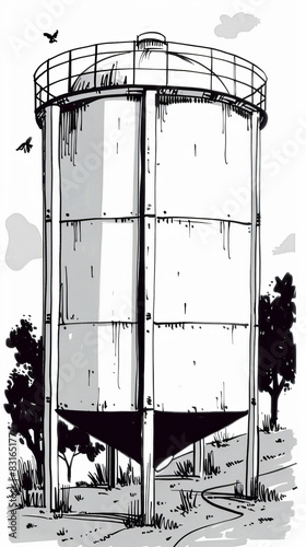 Hand-Drawn Illustration of an Old Water Tower with Birds Flying, monochrome tonal map.