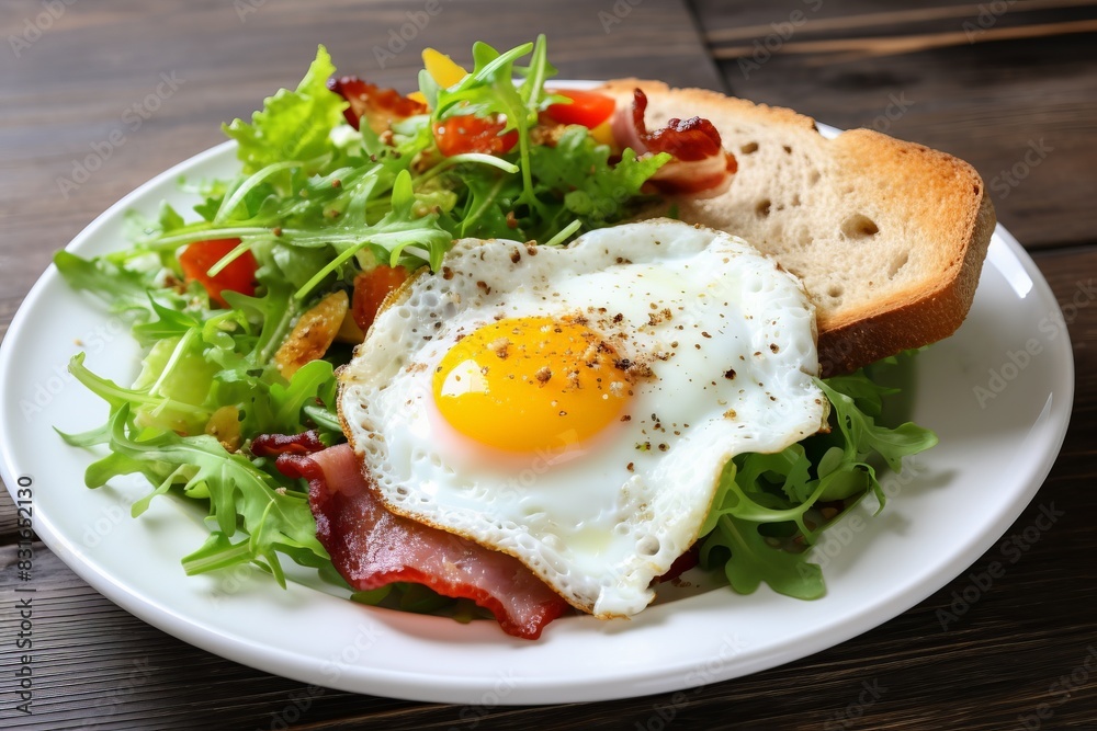 Delicious breakfast plate with a sunny-side-up egg, crispy bacon, fresh salad greens, and toast on a white plate on a wooden table. Delicious breakfast plate with a sunny-side-up egg, crispy bacon, fresh salad greens, and toast on a white plate on a wooden table.