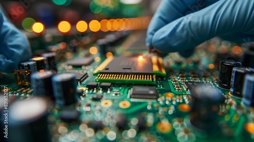 Precision Work on Electronic Circuit Board. Close-up of a technician's hands working on an electronic circuit board with intricate components and advanced technology.
