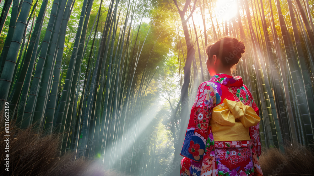 Fototapeta premium 嵐山の竹林を歩く浴衣姿の若い女性