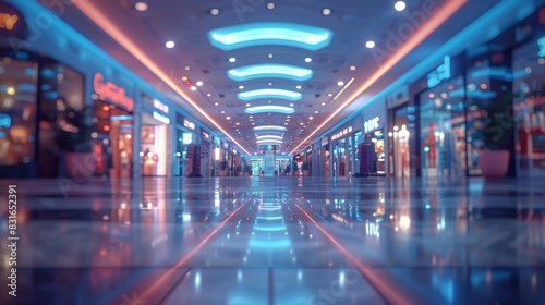 Modern Shopping Mall with Neon Lights. Brightly lit, modern shopping mall with neon lights and a glossy floor, showcasing a luxurious and futuristic retail environment.