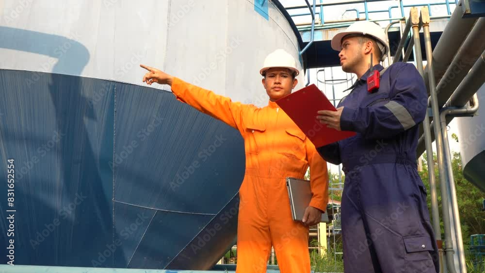 An environmental engineer inspects water quality at a water treatment plant,Manager and worker controls the amount of chlorine in the water,Senior technician working at the water storage plant to use