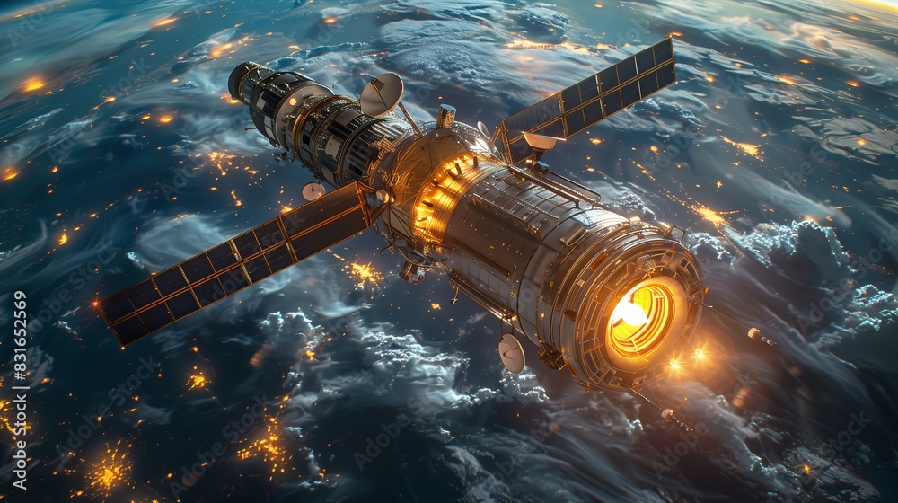Satellite Orbiting Earth at Night. Detailed satellite in orbit above Earth, with illuminated city lights visible on the planet's surface at night. Satellite Orbiting Earth at Night. Detailed satellite in orbit above Earth, with illuminated city lights visible on the planet's surface at night.