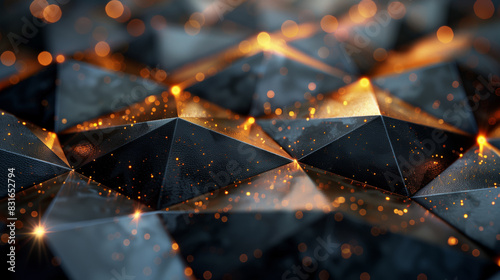 Geometric Abstract Background with Orange Sparks. Intricate geometric abstract background featuring dark pyramidal shapes and glowing orange sparks creating a dynamic  futuristic look.