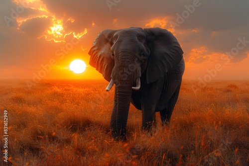 A majestic elephant walking through a grassy savannah with a beautiful sunset in the background. HD 8K background wallpaper with a realistic look, captured by an HD camera. © Love Mohammad