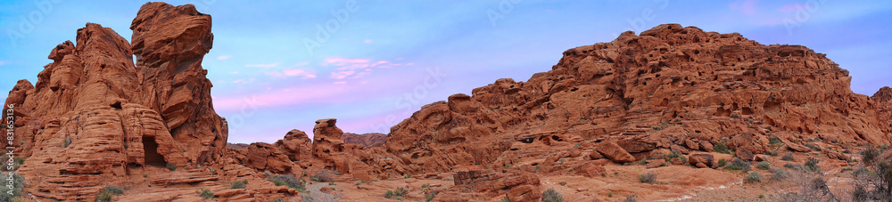 Fototapeta premium A panoramic view of the red aztec sandstone formations found in Nevada's Valley of Fire State park - east of Las Vegas