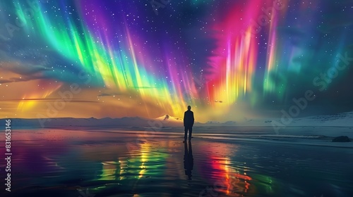 A man stands on the beach  with a colorful aurora borealis in the sky and reflections of light in the water. 
