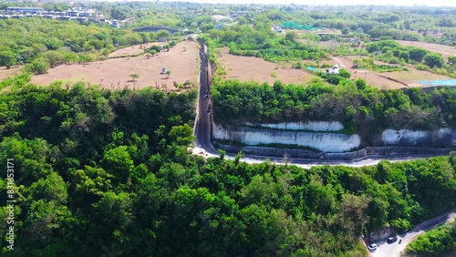 Aerial view of Tanah Barak cliffs, A must-visit viral hidden gem tourist destinantion in South Kuta, Bali, Indonesia