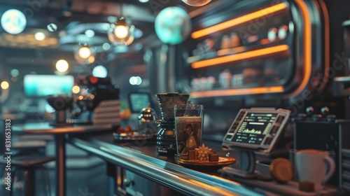 A coffee shop in the space colony displaying a sign that reads Cryptocurrency accepted here as customers use their digital coins to pay for their drinks. photo