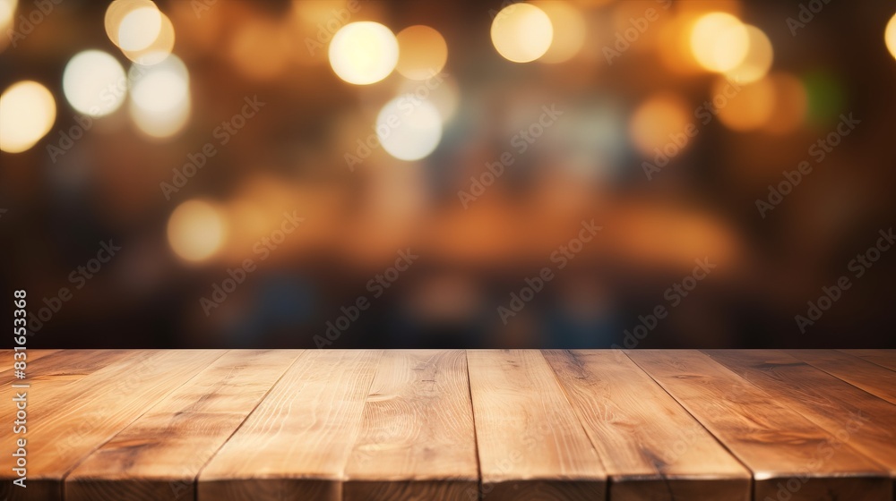 Empty wooden table top with blurred bokeh background, perfect for product display and presentations, warm and inviting atmosphere. Empty wooden table top with blurred bokeh background, perfect for product display and presentations, warm and inviting atmosphere.